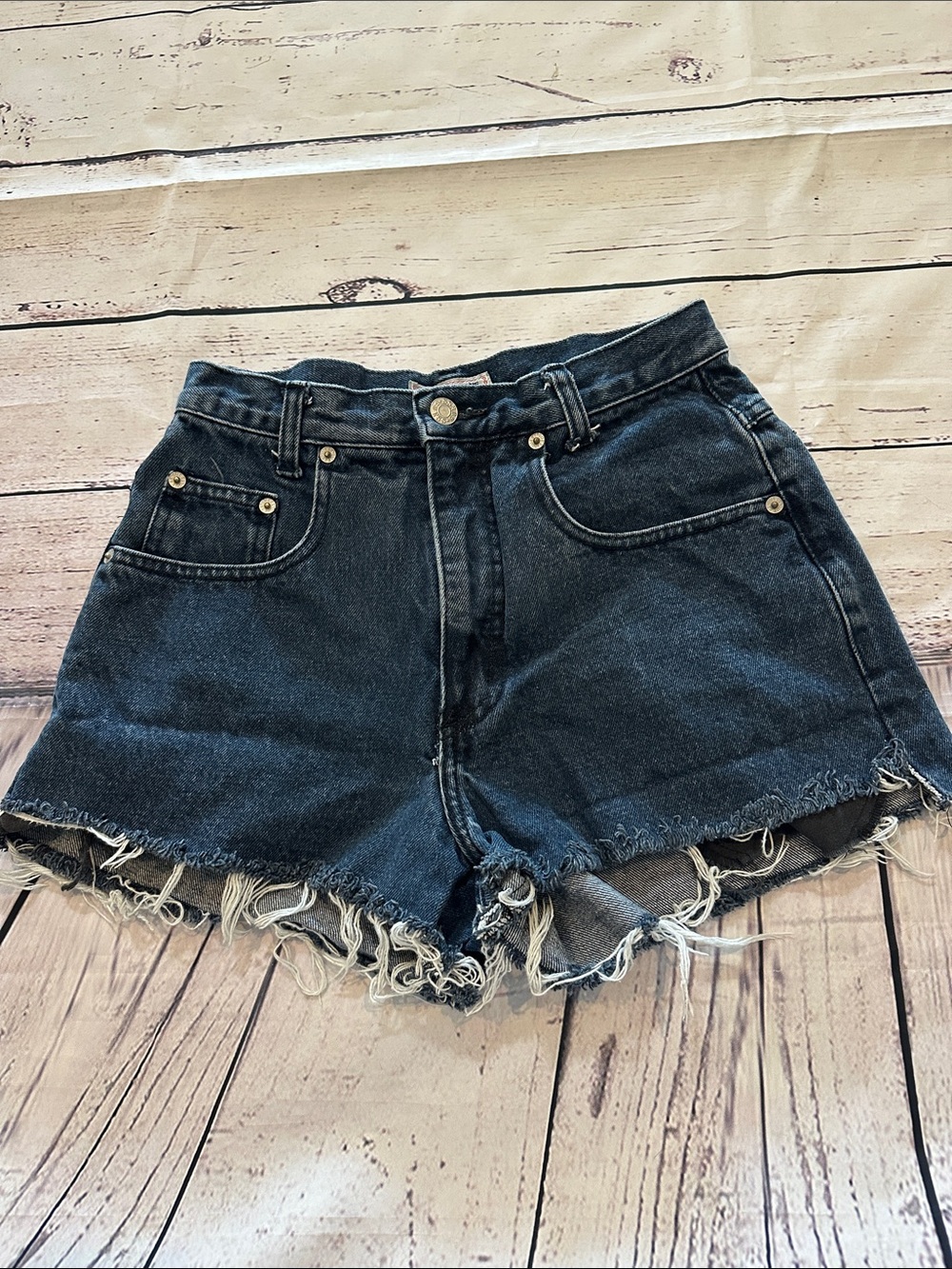 Vintage Guess High-Waist Black Denim Frayed Hem Shorts